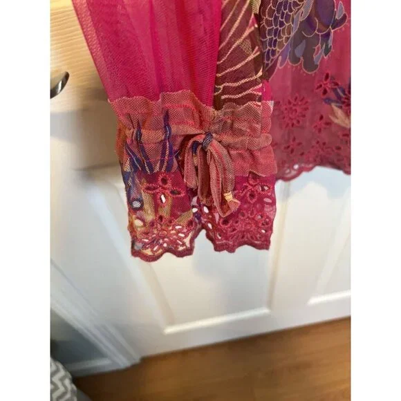 JOHNNY WAS Mazzy Floral Print Embroidered Mesh Large Split V-Neck Peasant Blouse - Picture 7 of 13